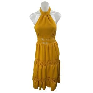 Lulus Sunshine Fine Yellow Sleeveless Lace Tiered Halter Midi A-Line Dress Sz XS